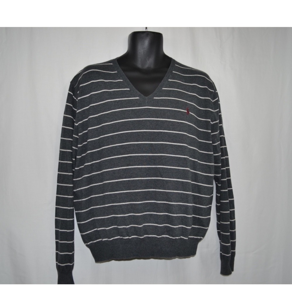 Polo Ralph Lauren Lightweight V Neck Sweater Pima Cotton Gray‎ Striped Mens L